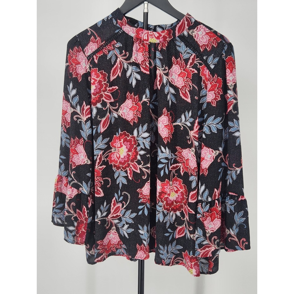 LOFT Floral Polka Dot Blouse Red Blue Mock Neck Bell Sleeve Top XL